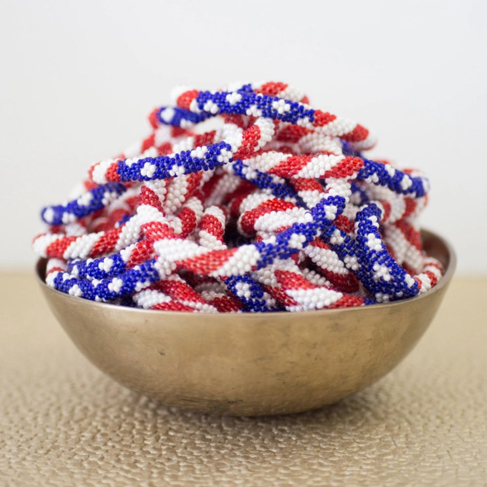 Patriotic Star & Stripes bracelets inside bowl display 