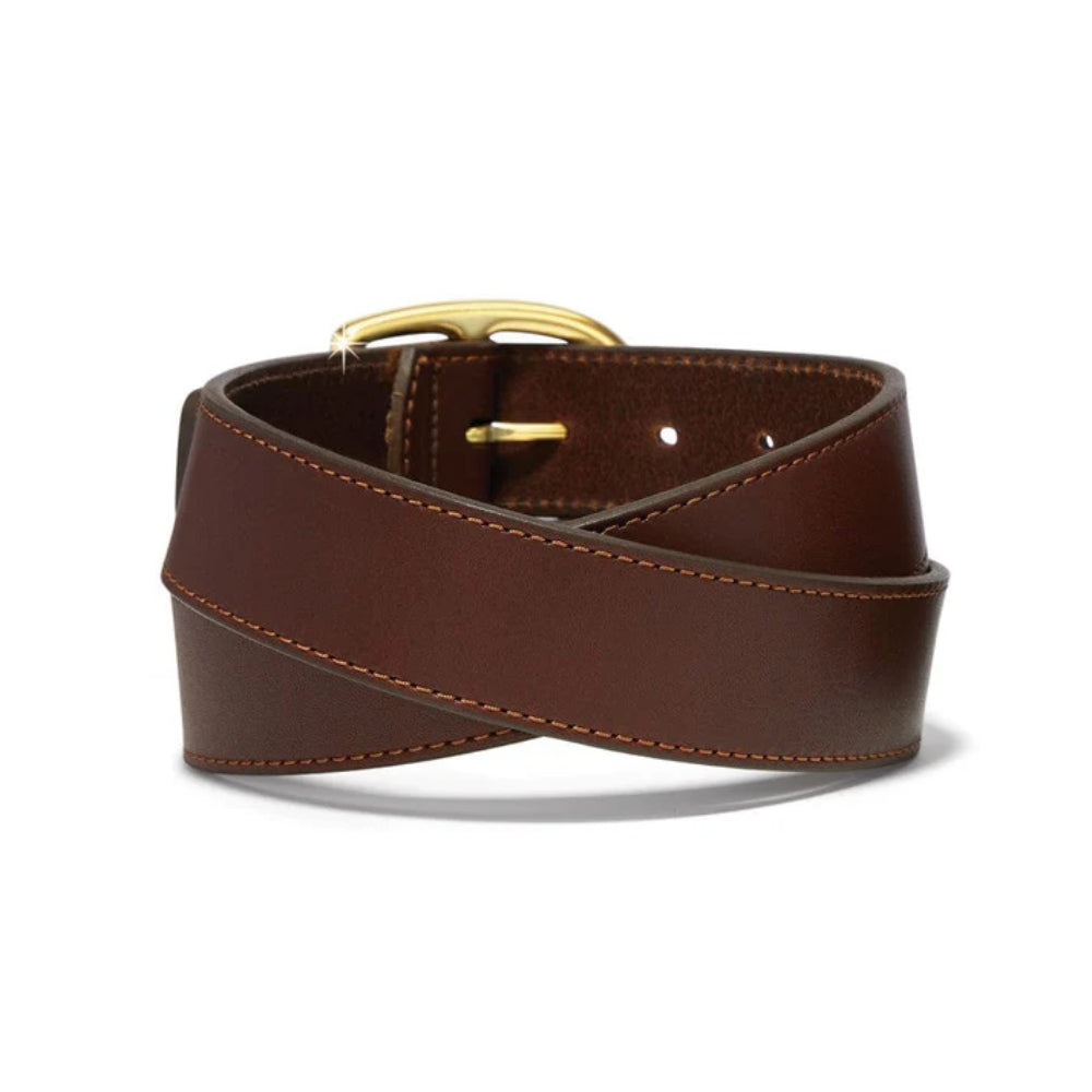 Brown leather belt with a gold buckle on a white background