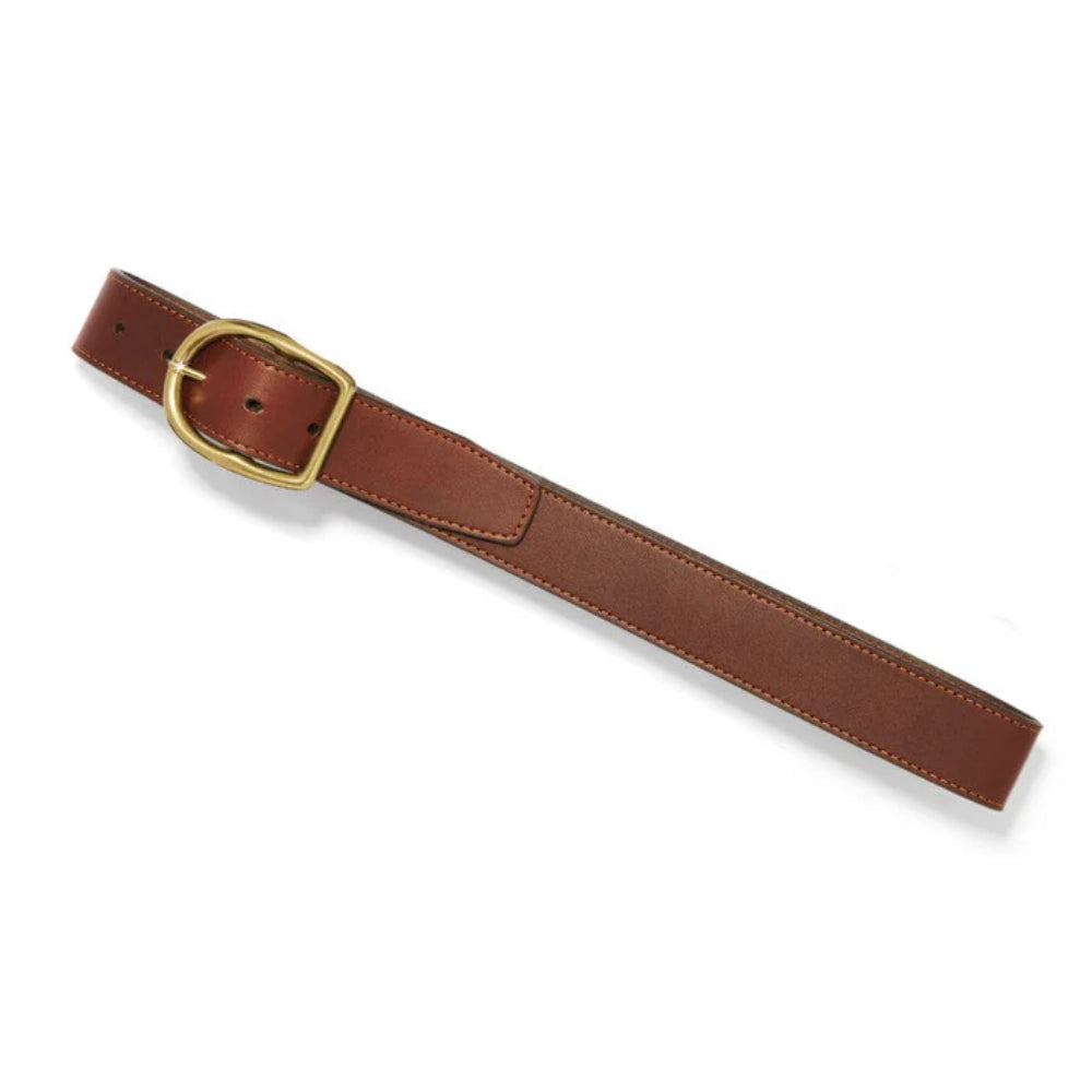 Brown leather belt with a gold buckle on a white background
