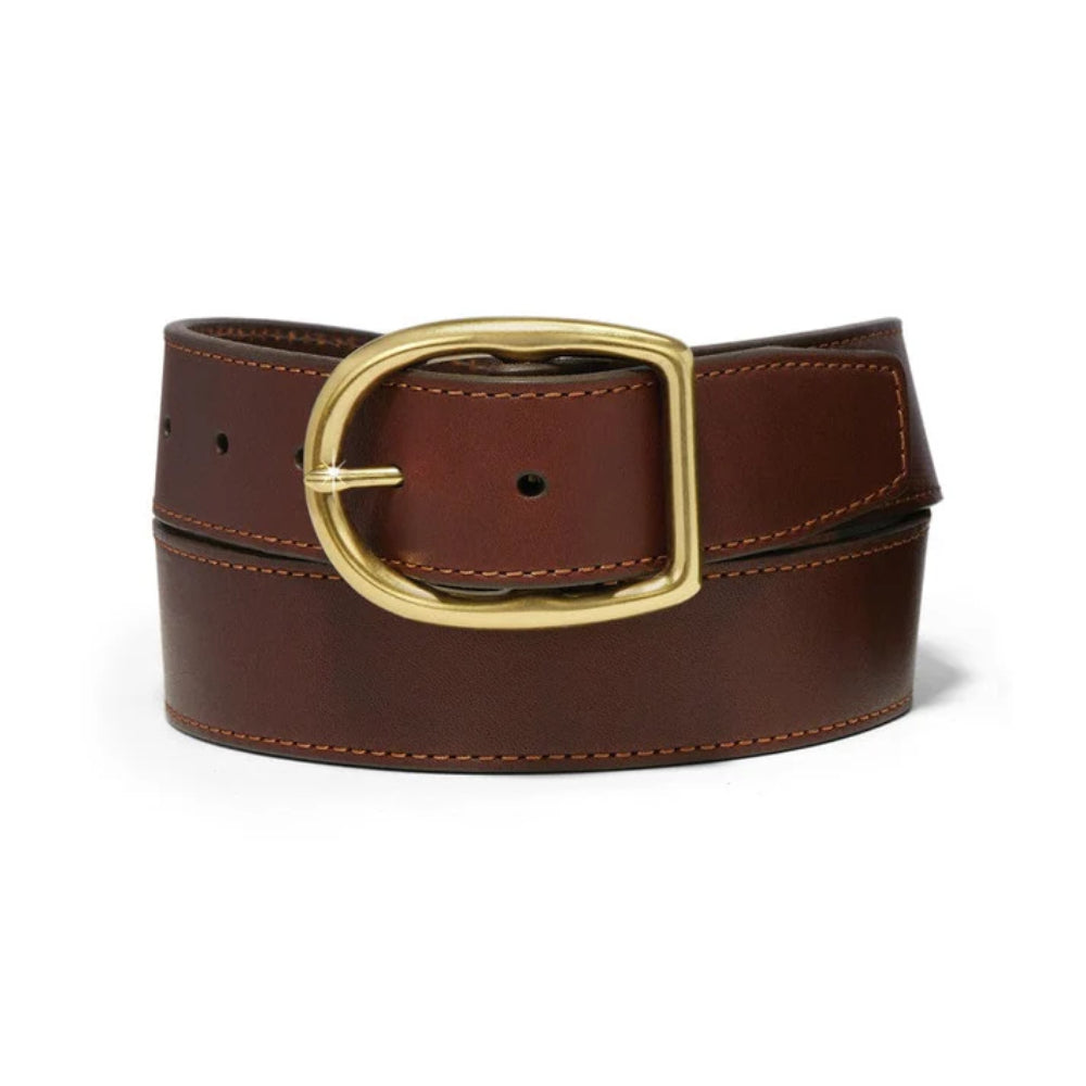 Brown leather belt with a gold buckle on a white background