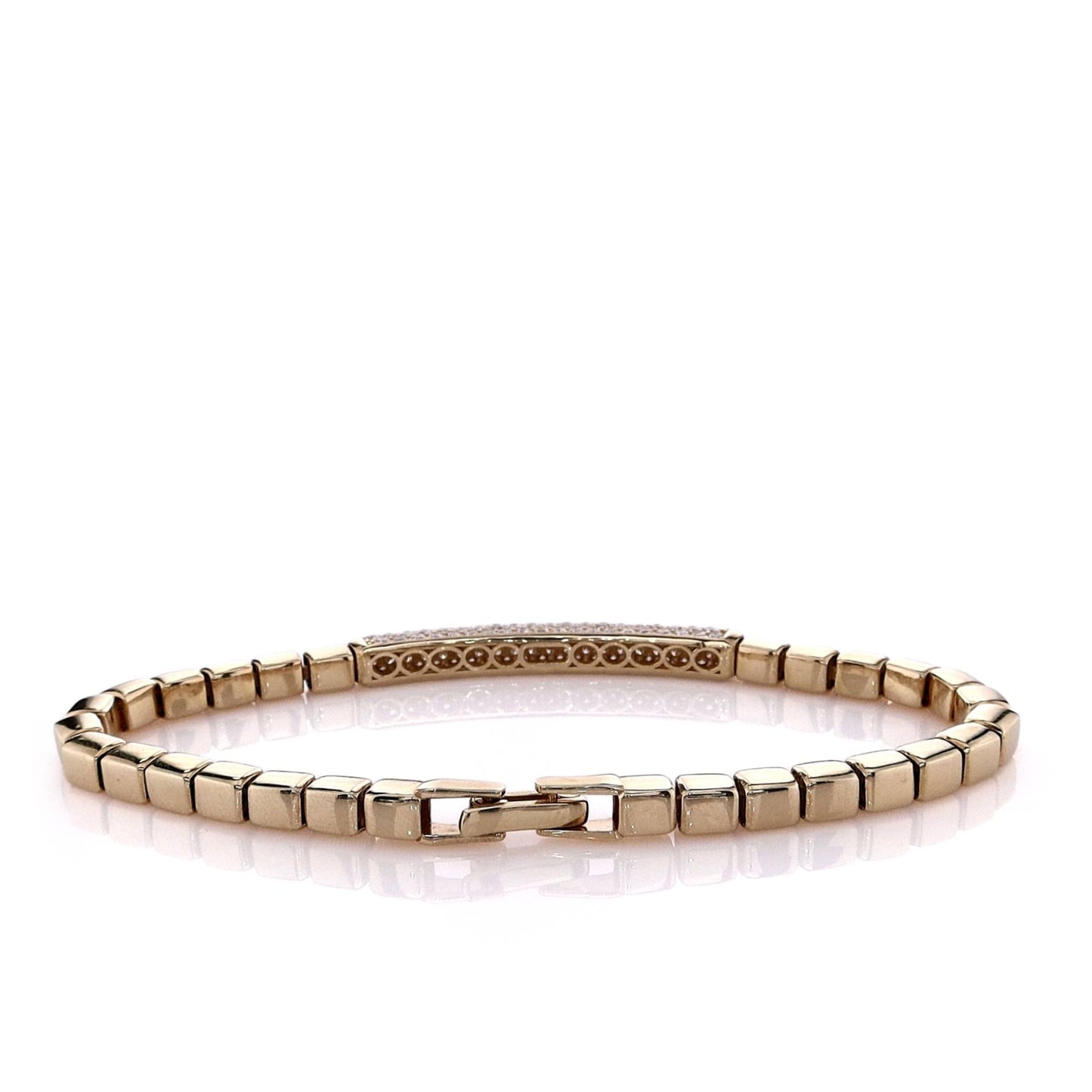 14k Yellow Gold 3 Sided Pave Diamond Bar on Box Link Chain Bracelet