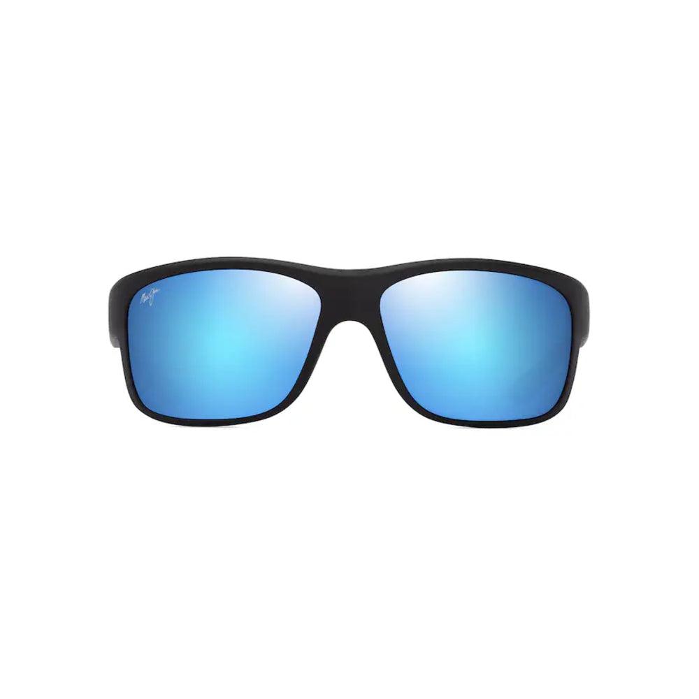 A pair of square-shaped sunglasses with a matte black frame and vibrant blue mirrored lenses, shown against a plain white background.