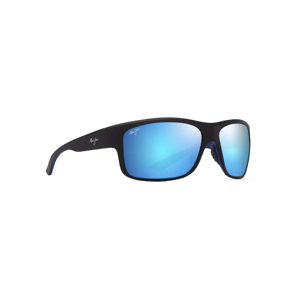 Sunglasses with blue reflective lenses on a white background