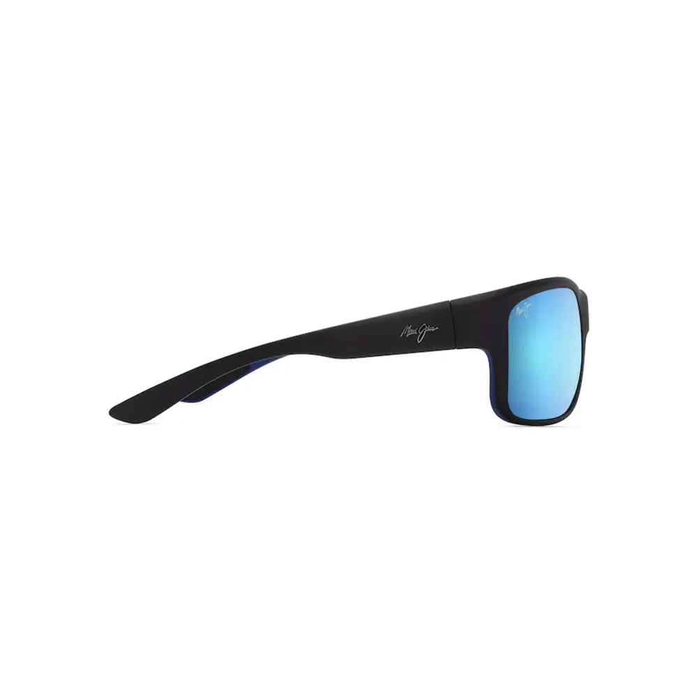 Sunglasses with black frame and blue mirror lens on a white background