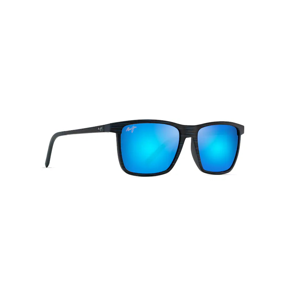 Sunglasses with blue reflective lenses on a white background