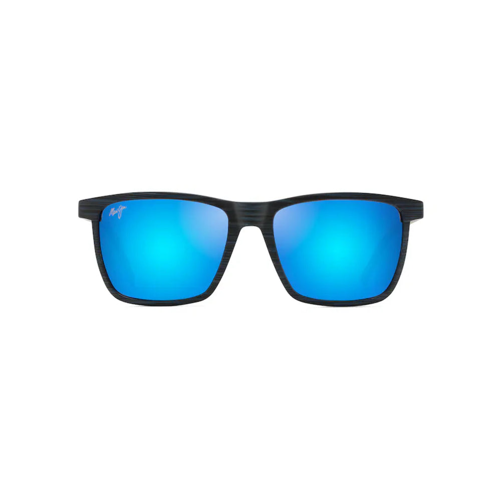 Sunglasses with blue reflective lenses on a white background