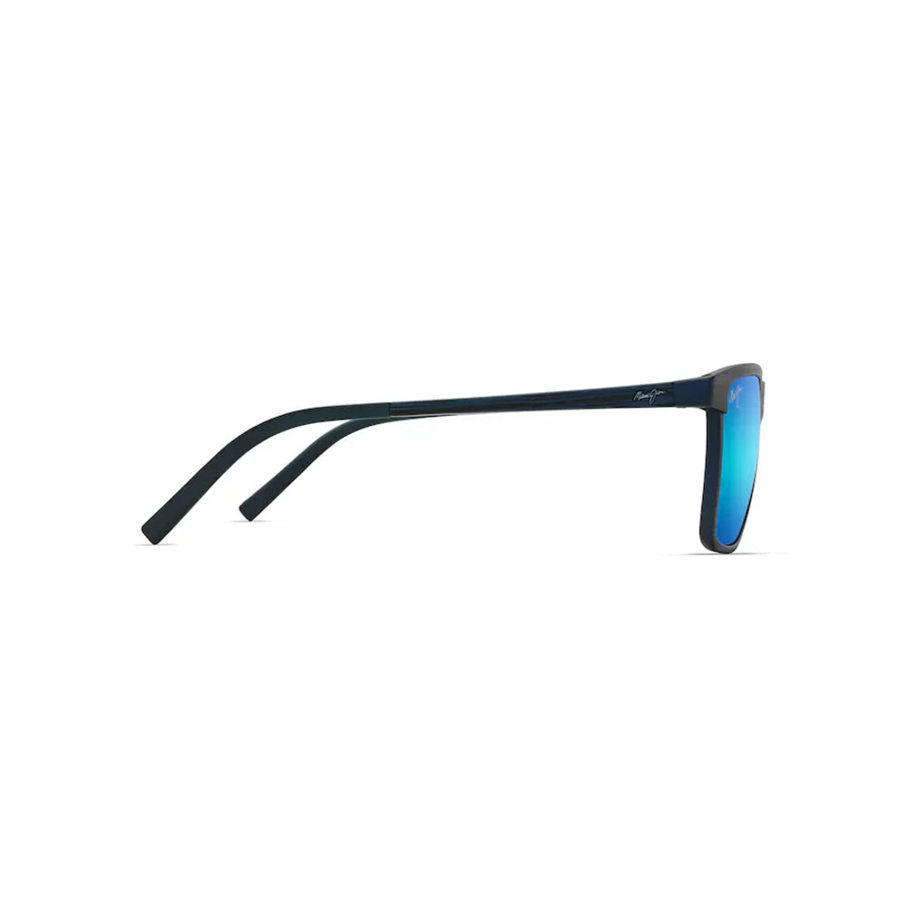 Sunglasses with blue reflective lenses on a white background
