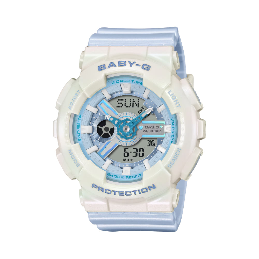 Baby-G watch with white and blue design on a white background