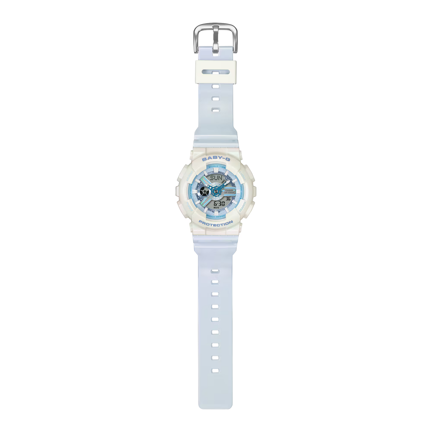 White digital watch with blue accents on a white background