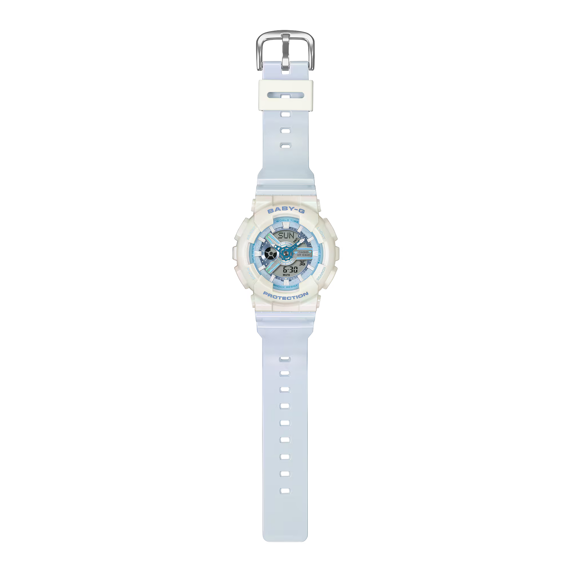 White digital watch with blue accents on a white background