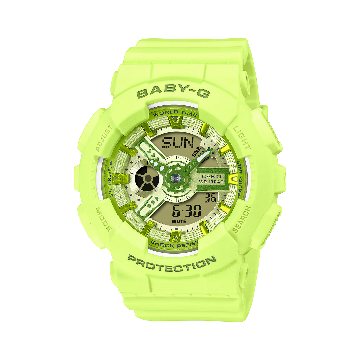 Neon green Casio watch with detailed face on a white background