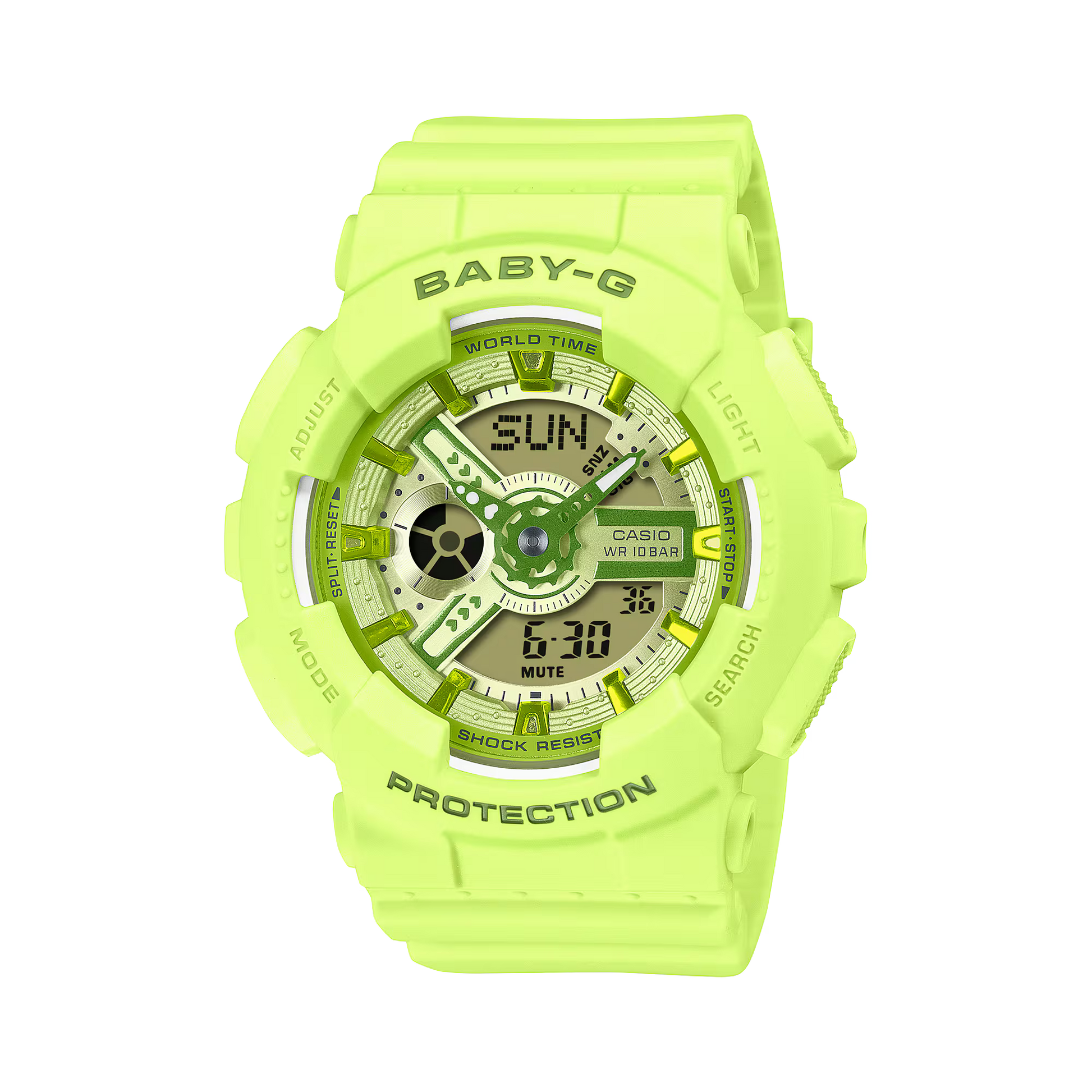 Neon green Casio watch with detailed face on a white background