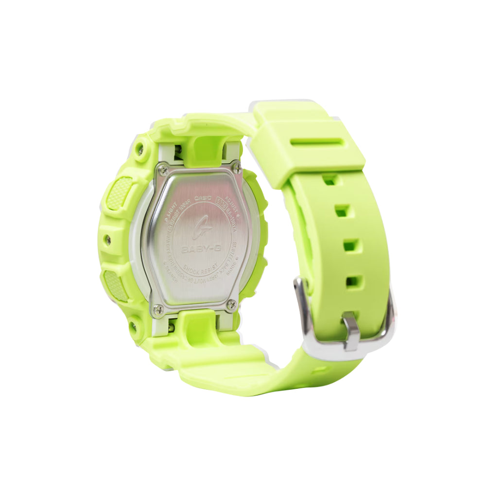 Neon green watch with a white face on a white background
