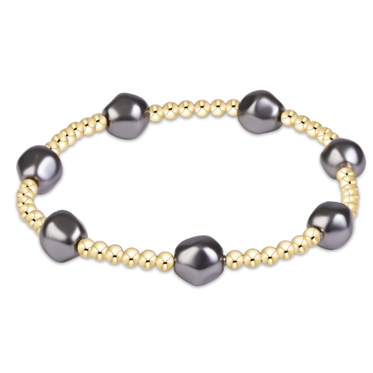 A beaded stretch bracelet featuring large, irregular dark gray freshwater pearls and small, polished gold-toned beads, shown on a plain white background.