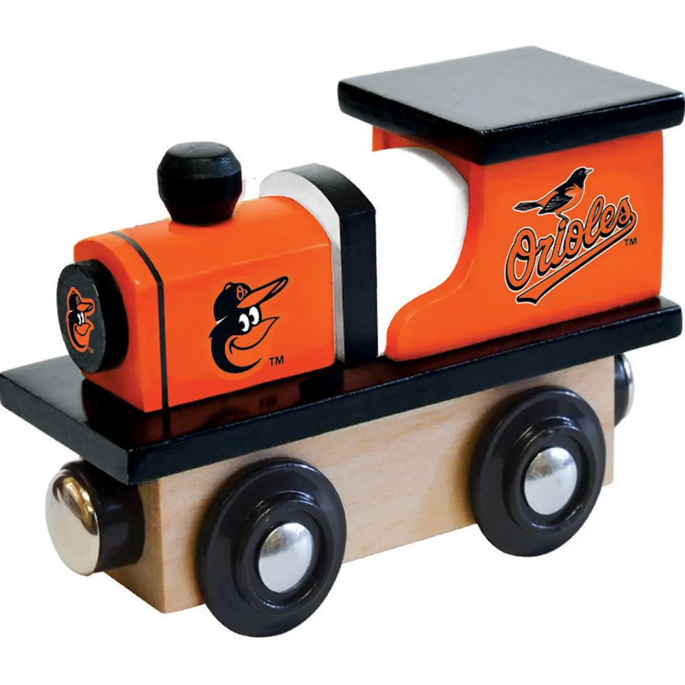 Wooden toy train engine with Baltimore Orioles logo on a white background