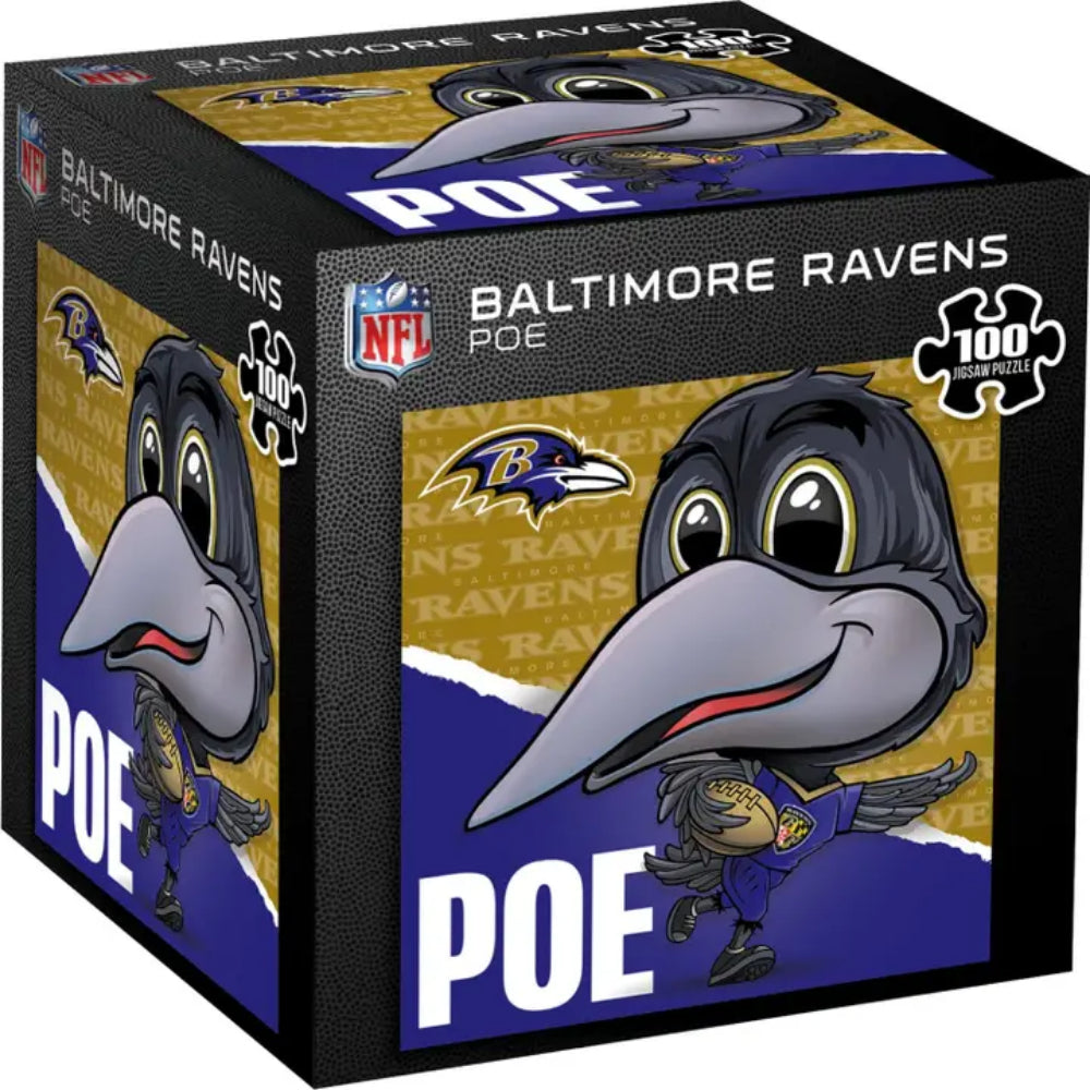NFL Baltimore Ravens 'POE' 100-piece jigsaw puzzle box, featuring a cartoon raven mascot on the front and side panels with the NFL shield logo and 'BALTIMORE RAVENS POE' text.