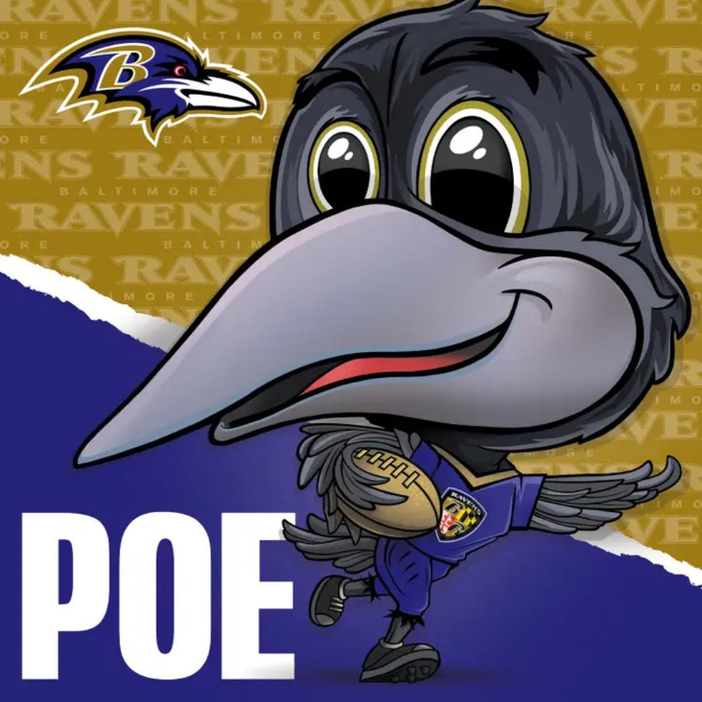 A stylized cartoon raven mascot wearing a Baltimore Ravens football uniform, with the team logo in the top left and the name POE in large white text on a purple background.