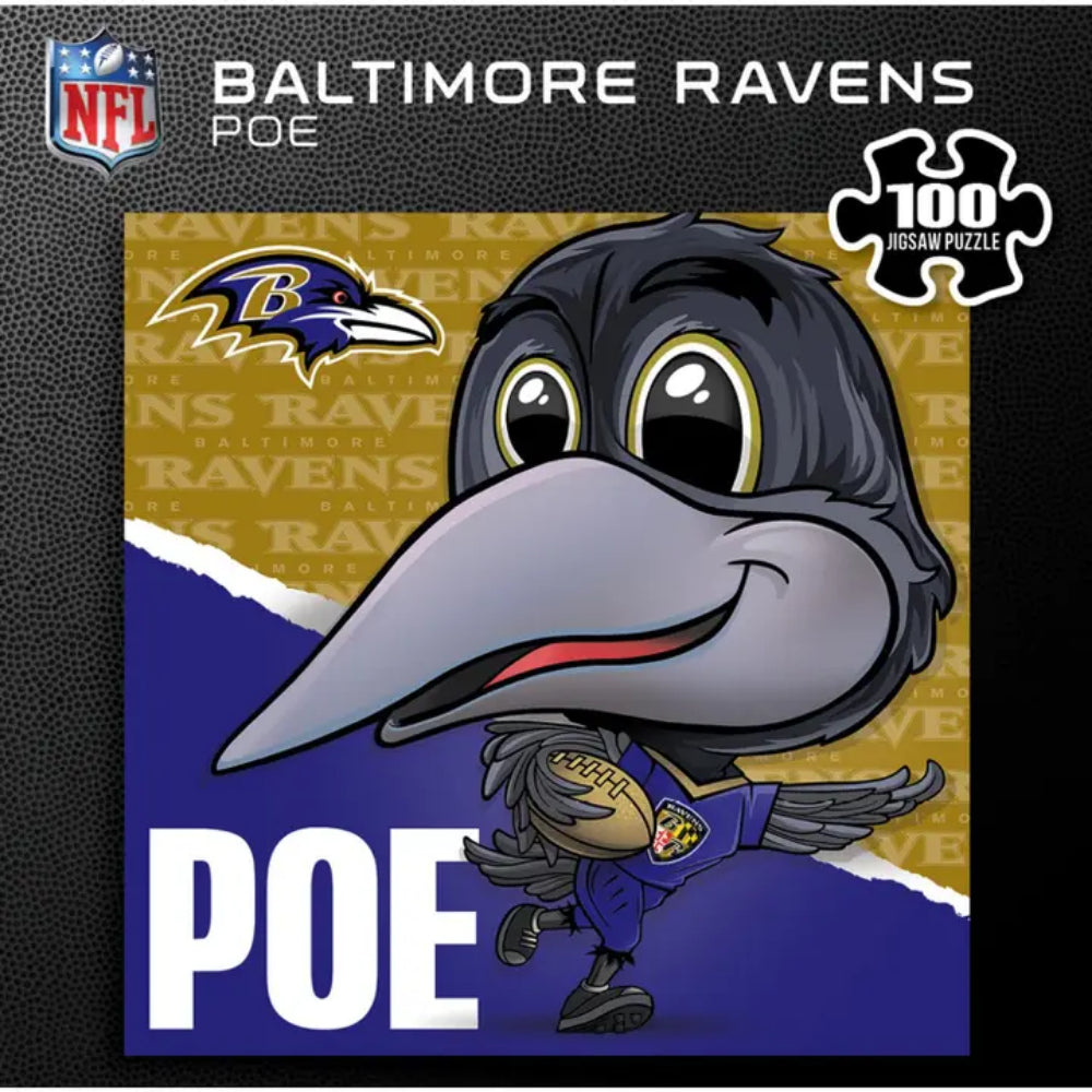 Baltimore Ravens mascot Poe on a packaging with NFL logo and puzzle details.