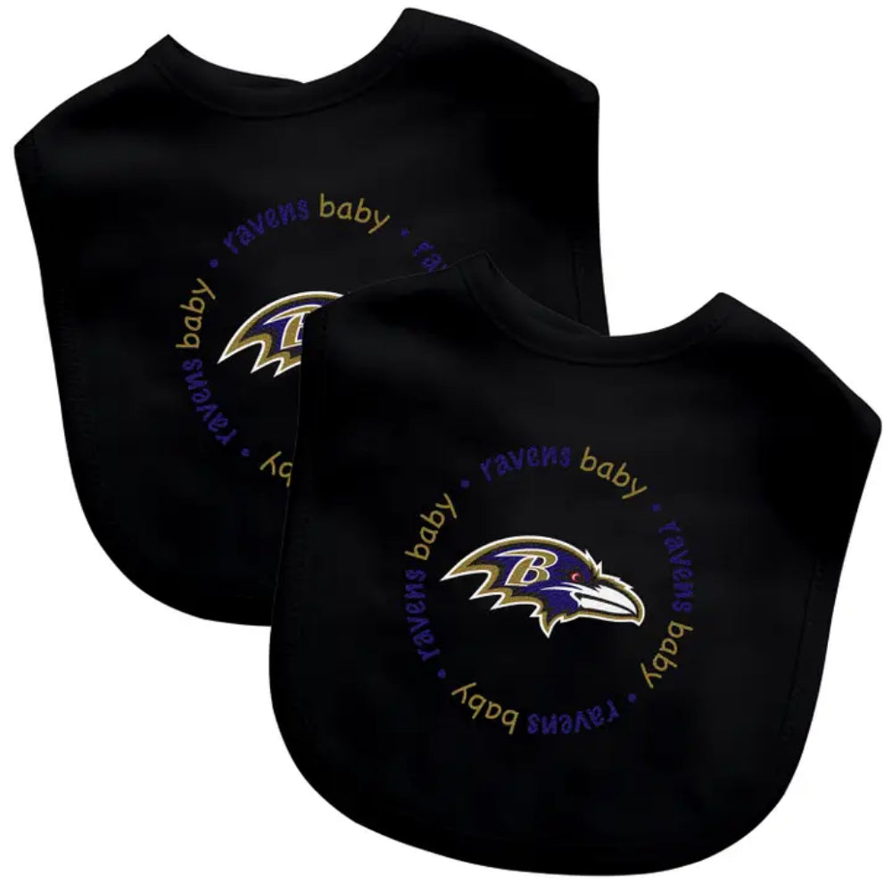 Two black baby bibs overlapping on a white background, each printed with the Baltimore Ravens logo and the words 'Ravens baby' in purple and gold.