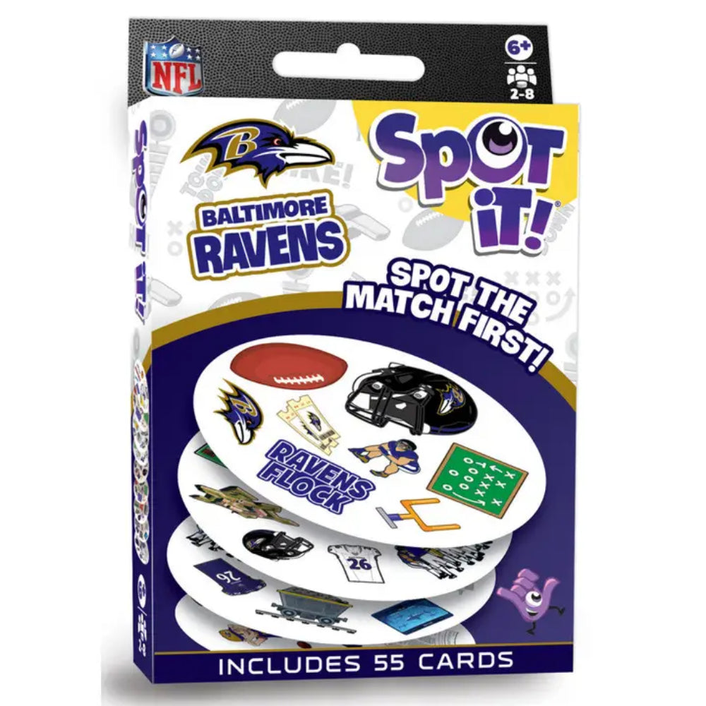 NFL Spot It! Baltimore Ravens card game package, featuring a black, white, and purple design with the Baltimore Ravens logo and illustrations of sports cards.