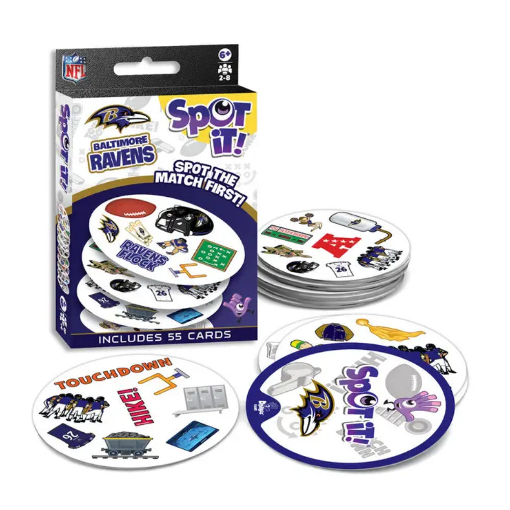 NFL Baltimore Ravens 'Spot It!' card game set with retail box, stacked cards, and several face-up cards on a white background.