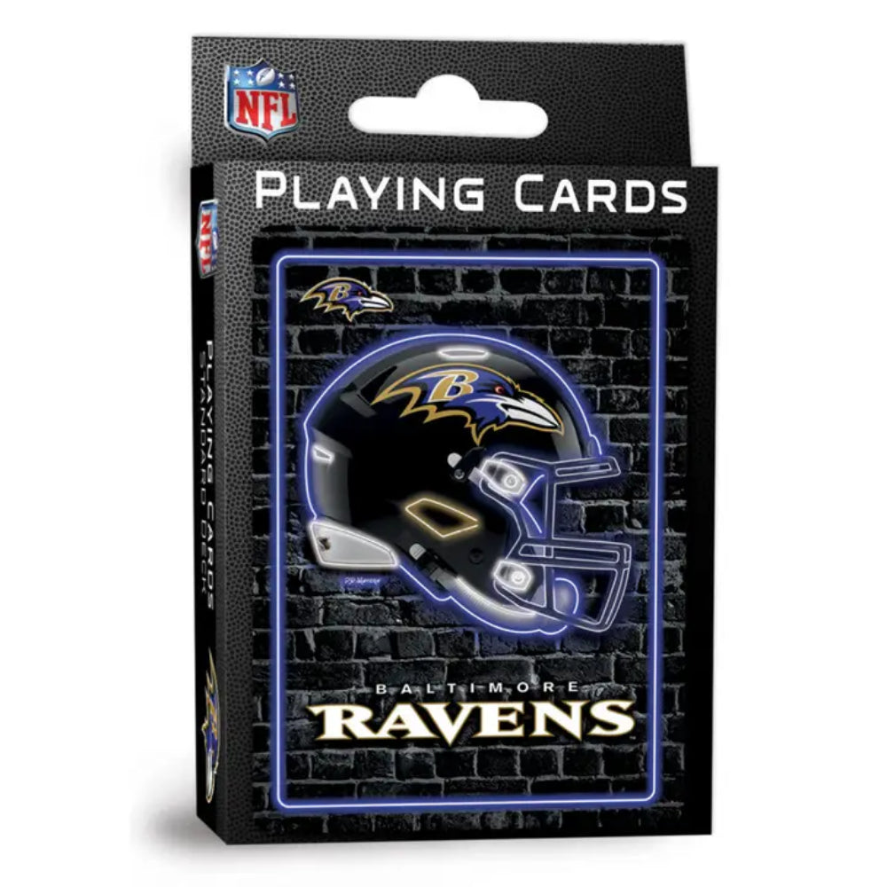 Pack of Baltimore Ravens playing cards with helmet design on black background