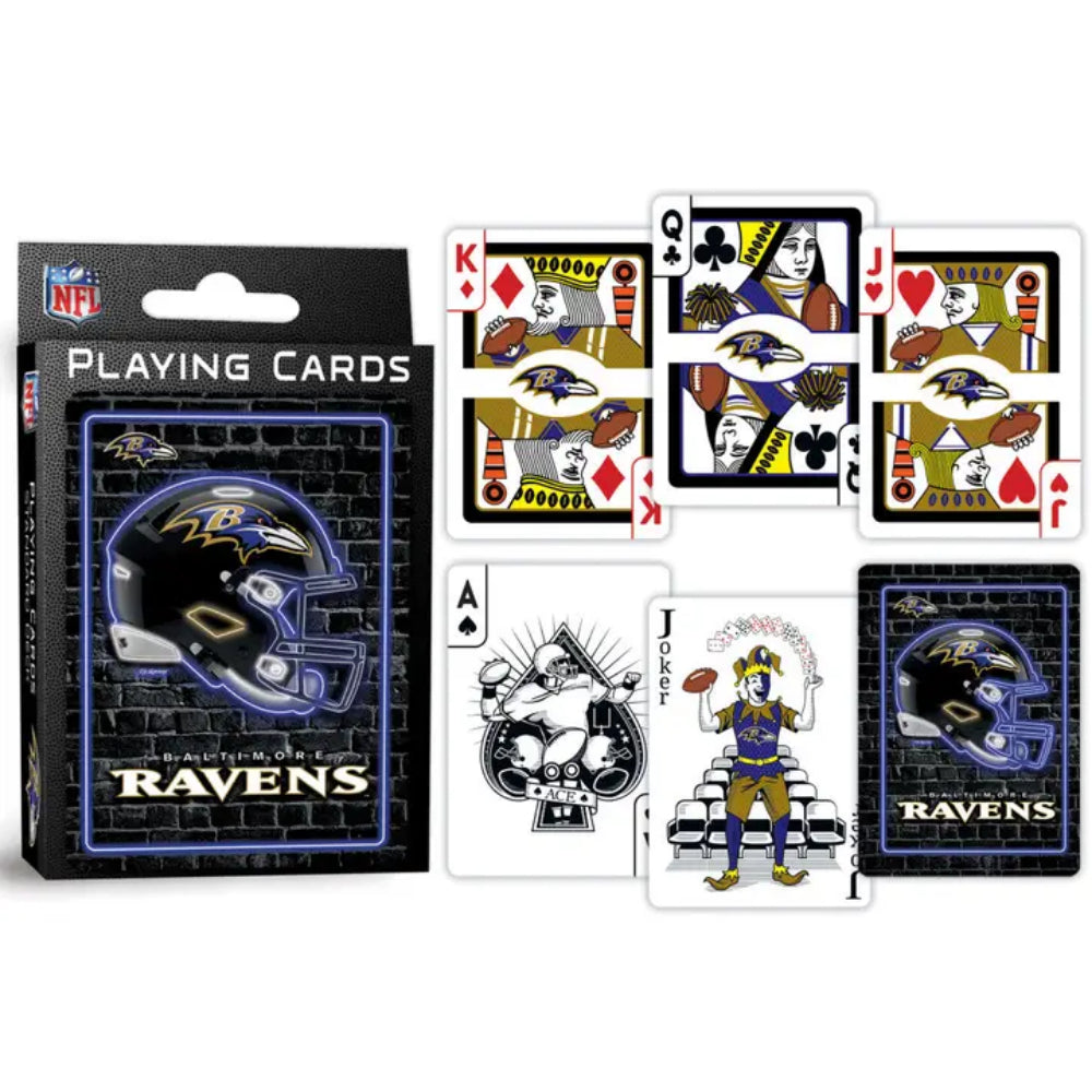 Baltimore Ravens playing cards with deck packaging on a white background