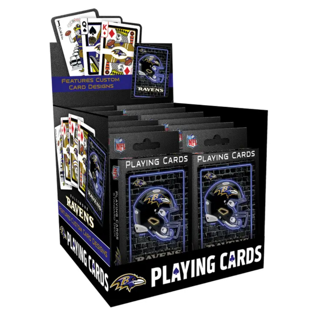 NFL Baltimore Ravens themed playing cards display box with custom card designs and packaged cards visible on a white background.