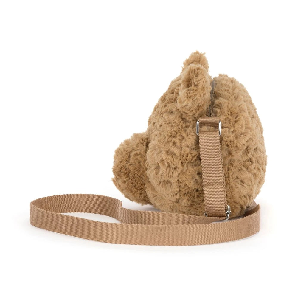 Brown teddy bear-shaped backpack on a white background