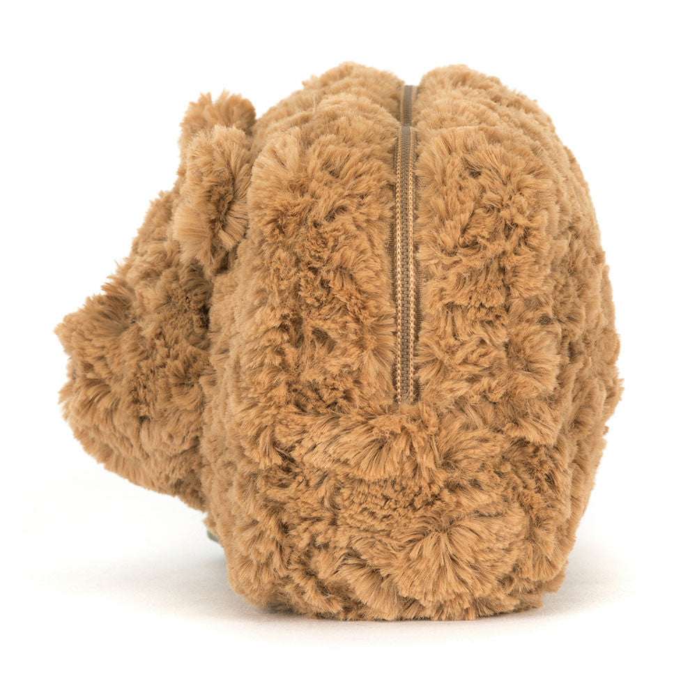 A side photo of a brown teddy bear-shaped pouch with a zipper on a white background.