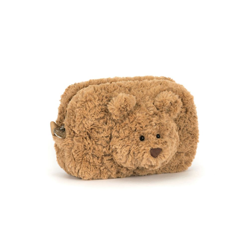 A angled side photo of an brown teddy bear-shaped pouch on a white background.