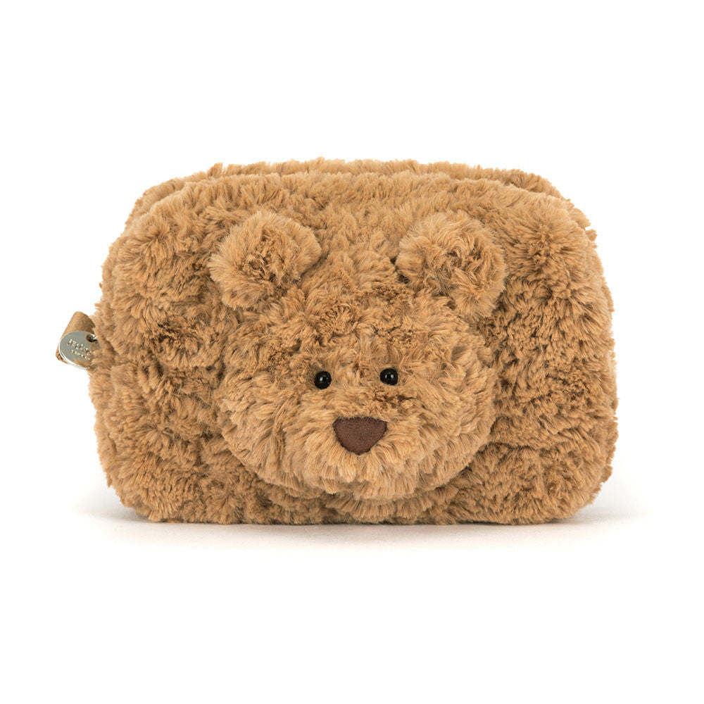 Brown teddy bear-shaped pouch on a white background.