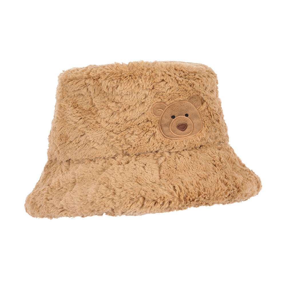 Brown fuzzy bucket hat with a bear emblem on a white background