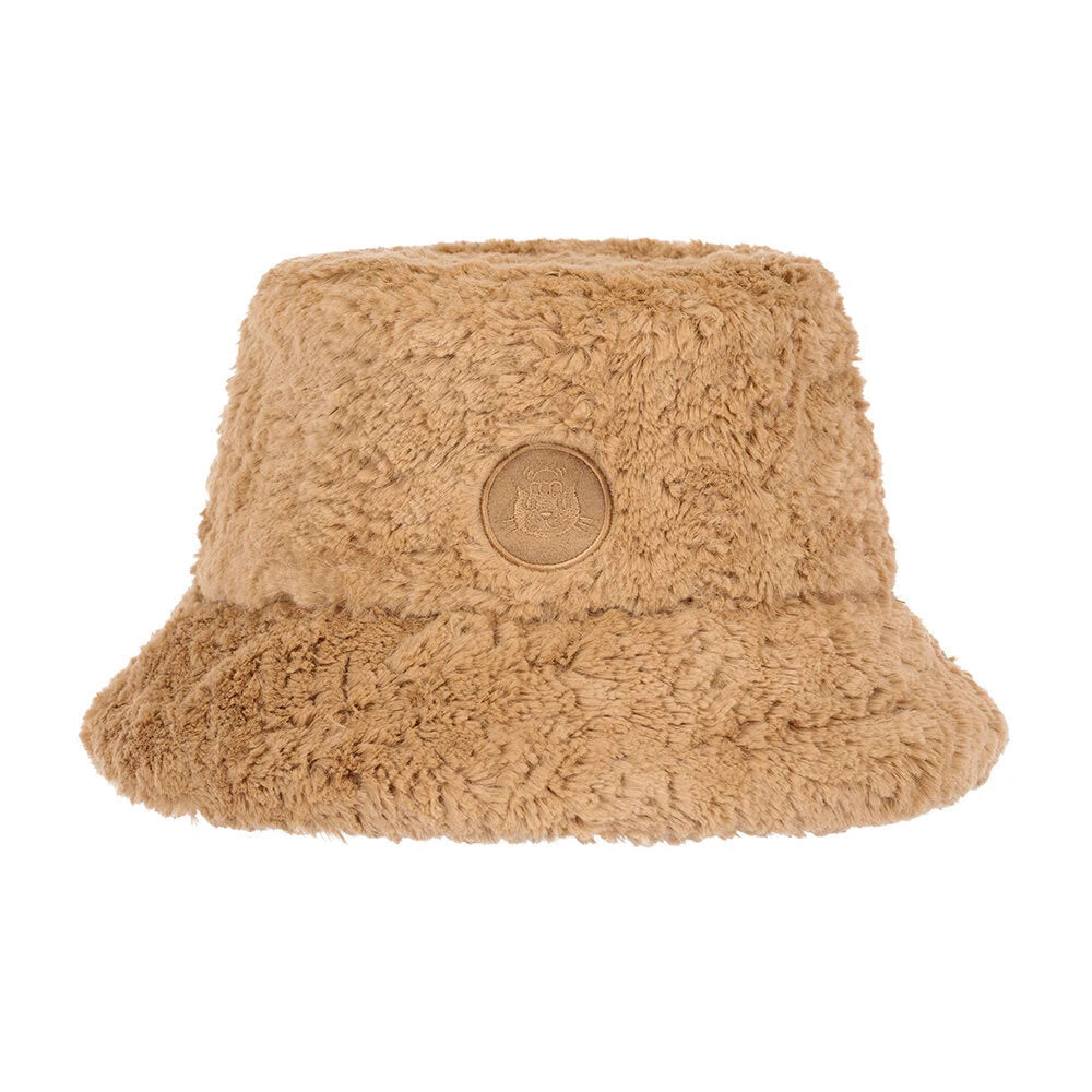 Beige fluffy bucket hat with a brand logo on a white background