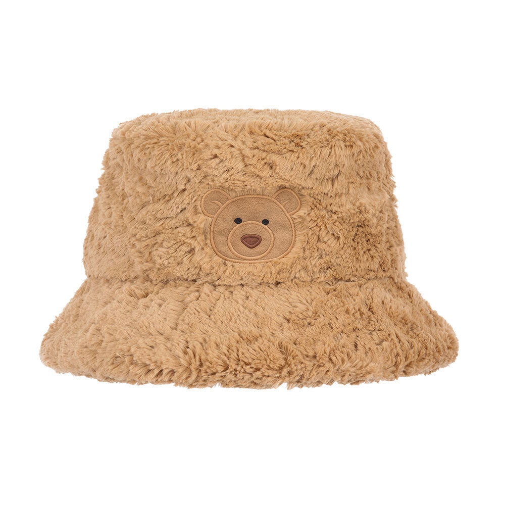 Beige fluffy bucket hat with a teddy bear emblem on a white background