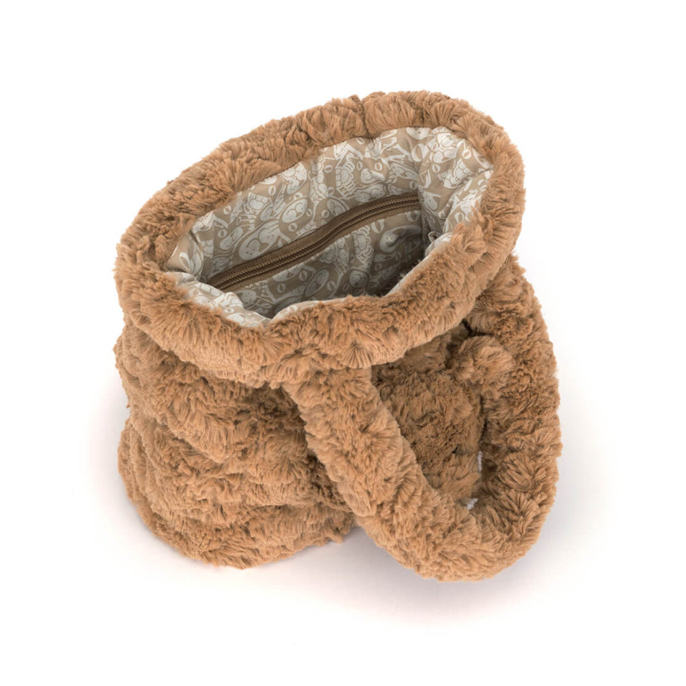 A plush, fuzzy brown zippered pouch or small bag with a soft patterned lining, shown on a clean white background.