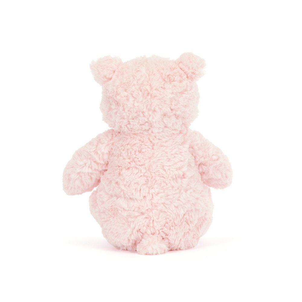 A photo of the back of  a pink teddy bear plush toy on a white background