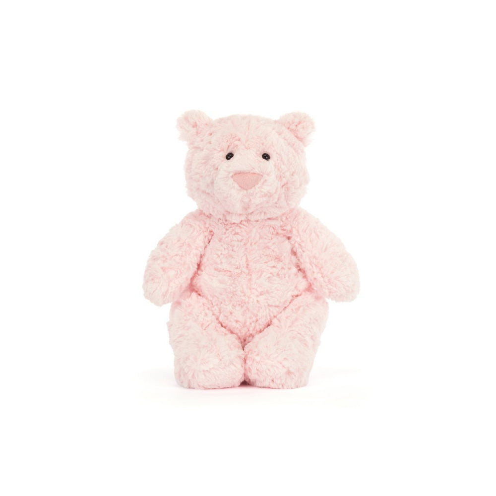 Pink teddy bear on a white background.