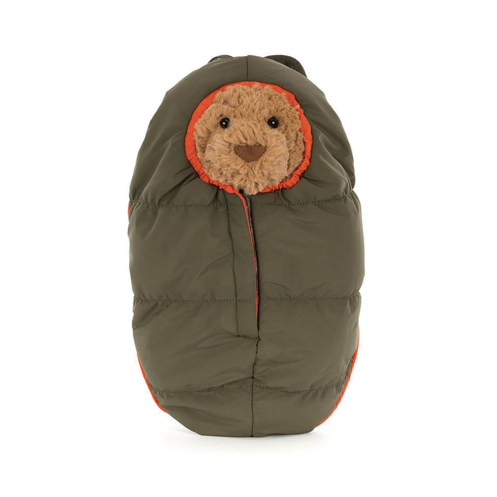 Green sleeping bag with bear in it on a white background.