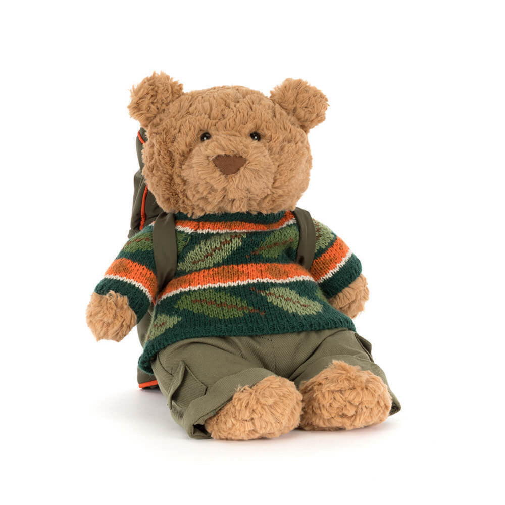 A side angled photo of a stuffed teddy bear wearing a sweater and backpack on a white background.