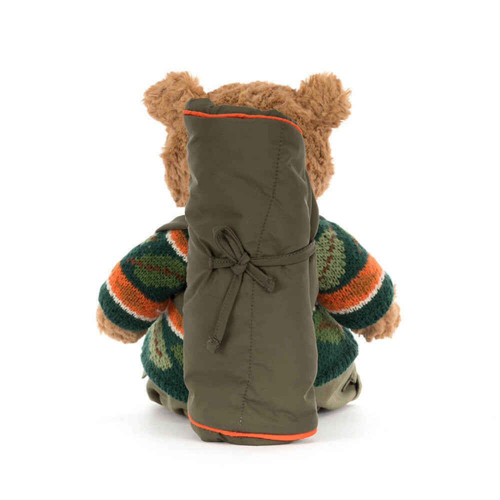 The back of a teddy bear wearing a sweater, pants and carrying a backpack on a white background.