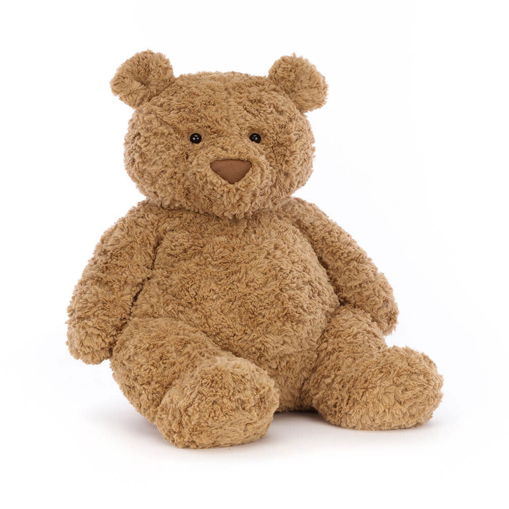 A really big size beige teddy bear on a white background.
