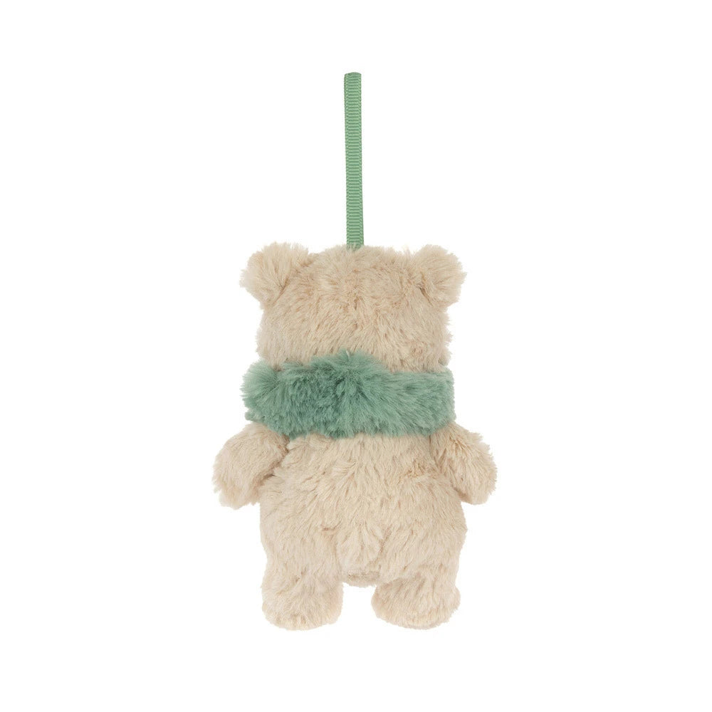 The back of a cream-colored plush teddy bear ornament with a fuzzy mint green scarf and a matching hanging loop, shown against a plain white background.