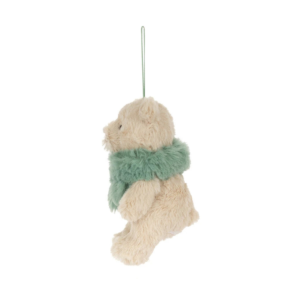 The side of a cream-colored plush teddy bear ornament with a fuzzy mint green scarf and a matching hanging loop, shown against a plain white background.