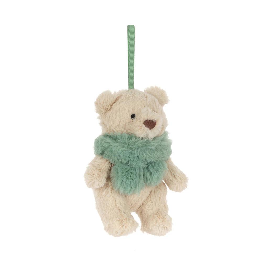 A cream-colored plush teddy bear ornament with a fuzzy mint green scarf and a matching hanging loop, shown against a plain white background.