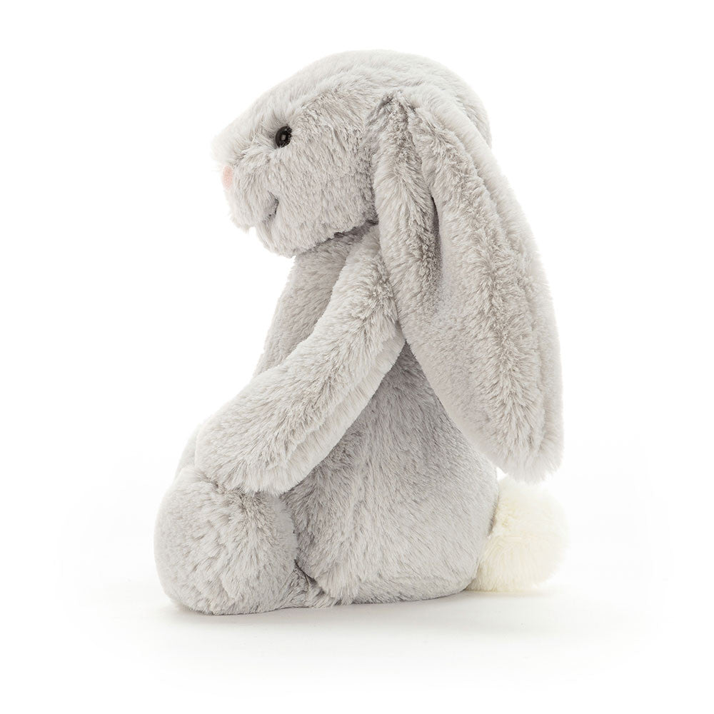 A side photo of a silver grey bunny with long ears and a soft belly, sitting upright.