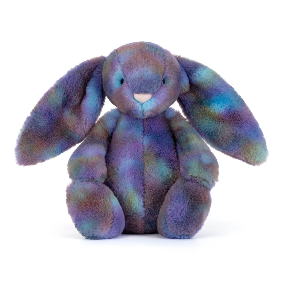 Purple multicolored plush bunny  on a white background.