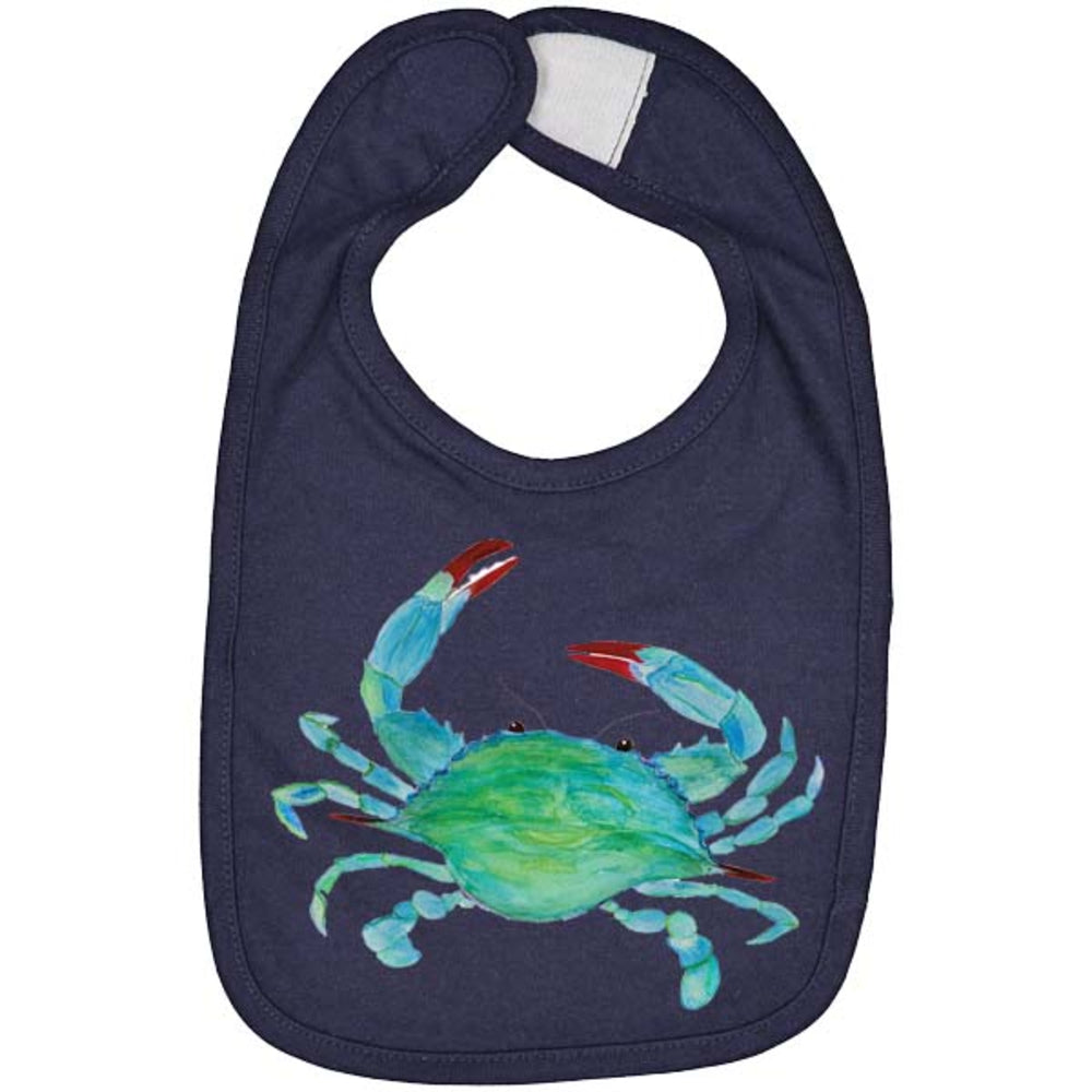 A navy blue baby bib featuring a colorful watercolor-style illustration of a blue crab on the front, set against a plain white background.