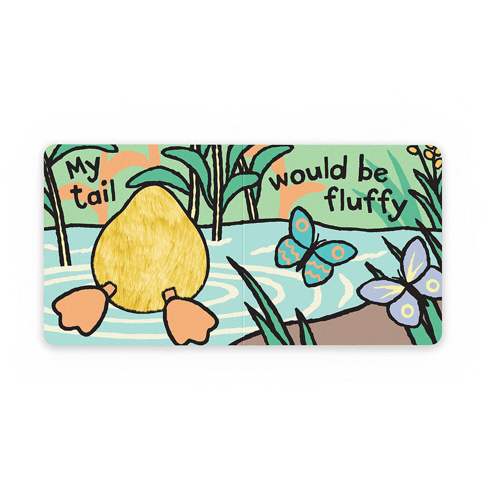 A colorful children's book with a yellow duckling and butterflies on a green background.