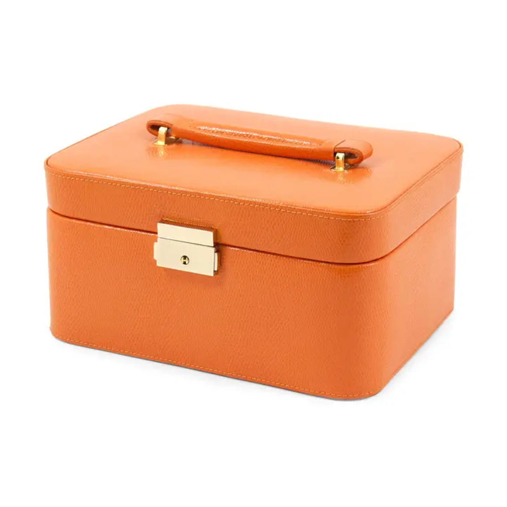 Orange jewelry box with a gold handle and clasp on a white background